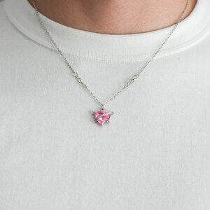 pink heart planet halo dainty necklace